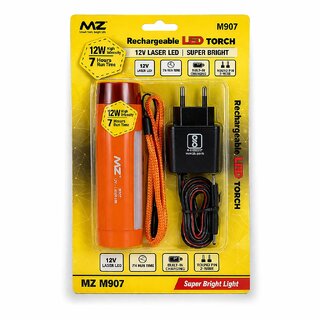 MZ M907 Rechargeable 12W Laser LED Torch  High Intensity Super Bright Flashlight with 7-Hour Runtime, Round Pin Charger, and Hanging Lanyard (Orange)