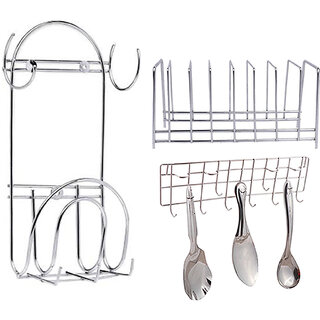 Oc9 Stainless Steel Plate Stand / Dish Rack and Chakla Belan Stand and Ladle Hook Rail For Kitchen