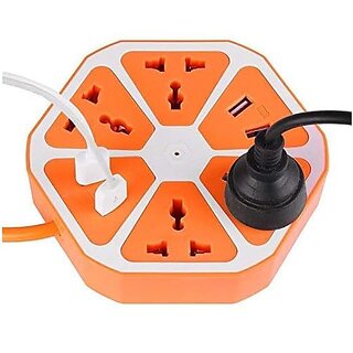 220 Watt 10Amp 4 USB Hexagon Extension Board and 4 Socket Outlet Ports with 6 ft Surge Protection Multi-Faceted Safety Power Sockets (Multicolor)