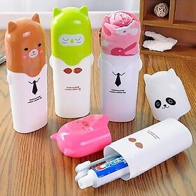 (2Pcs) Cute Bathroom Toothbrush Holder with Cartoon Design Toothbrush Travel Containers - Portable Toothpaste Holder and Gargle Cup Set - Unscented Toothbrush Carrying Box  (Multicolor)