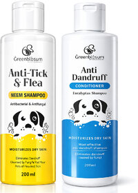 Greenblsum Dog Care Combo - Anti-Tick  Flea Neem Shampoo (200ml) + Anti-Dandruff Eucalyptus Conditioner (200ml) - Pack