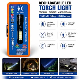 HZ-605 Rechargeable LED Torch Light with 1500mAh Battery, USB Type-C Charging, Zoom Focus  Multi-Mode Lighting