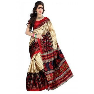 SVB Red Taffeta Paper Silk Printed Saree Without Blouse