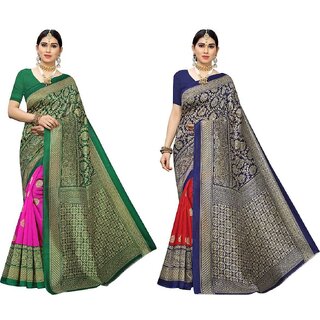 SVB Saree Navy Blue  And Green Colour Mysore Silk Saree pack of 2