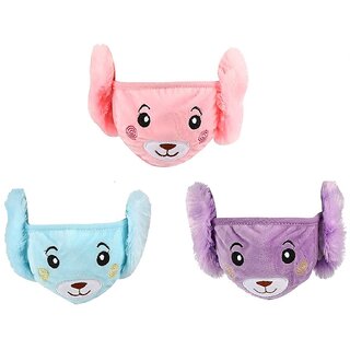 Multi Color Girlsboys Warm Winter Face Mask Plush Ear Muffs Covers Pack Of-