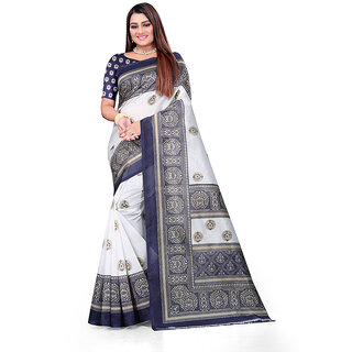 SVB Saree White  & Blue Art Silk Printed Saree