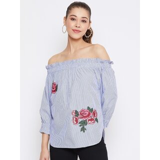 Purys Women White Striped Off Shoulder Top
