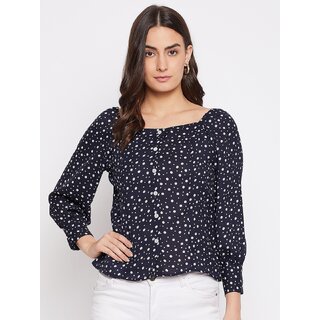 PURYS Women Dark Blue Printed Basic Top