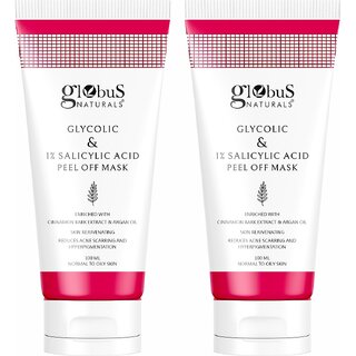 Globus Naturals Glycolic & 1% Salicylic Acid Anti Acne Peel Off Mask, For Oily & Acne Prone Skin, Natural & Ayurvedic Formula, Chemical Free, Cruelty Free, 100 gms, Set of 2