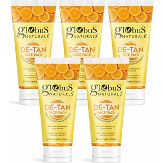 Globus Naturals De Tan Face Pack, with Grapes & Mulberry Tan Removal, Anti Pollution & Oil Control Formula, Chemical Free, Cruelty Free, Suitable For All Skin Types, 100 gm, Set of 5