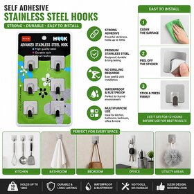 Self Adhesive Stainless Steel Wall Hooks  Heavy Duty Waterproof Sticky Hooks for Kitchen, Bathroom  Home (Pack of 6)