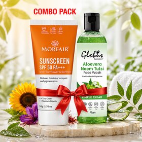 (Combo of 2) Globus Aloe Vera Neem Tulsi Face Wash 75g + Morfair SPF 50 PA+++ Sunscreen 50g | Daily Skin Care & Sun Prot