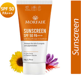 Morfair Sunscreen SPF 50 PA with Sunflower  Saffron Reduces Sunspots  Pigmentation (50gm)