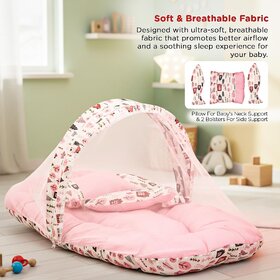 Baby Bedding Set for New Born Baby, Bed Mattress with Mosquito Net  Neck Pillow - Pink