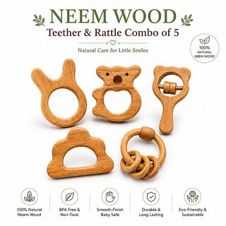 Neem Wood Teether  Rattle Combo - Eco-Friendly Natural Baby Toys