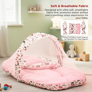 Baby Bedding Set for New Born Baby, Bed Mattress with Mosquito Net  Neck Pillow - Pink