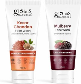 (set of 2) Globus Naturals Face Wash Combo for Glow  Mulberry & Kesar Chandan, Suitable for All Skin Types, 75g