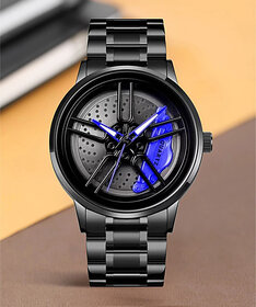 Spinner Men's Analog Watch | Blue Round Dial with Black Stainless Steel Strap & Quartz Movement