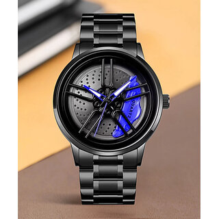Spinner Men's Analog Watch | Blue Round Dial with Black Stainless Steel Strap & Quartz Movement