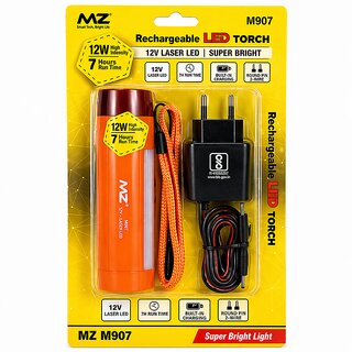 MZ M907 Rechargeable 12W Laser LED Torch High Intensity Super Bright Flashlight with 7-Hour Runtime, Round Pin Charger, and Hanging Lanyard (Orange)