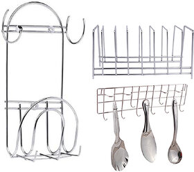 Oc9 Stainless Steel Plate Stand / Dish Rack and Chakla Belan Stand and Ladle Hook Rail For Kitchen