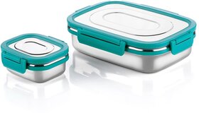 Lunch Box Stainless Steel Airtight Leak-Proof Lid,Snacks Tiffin for Kids,Light Weight,Easy Clean for Office,School,Picnic&Travelling,800+300 Ml (Teal Blue) Model-Everich-RJKS-891