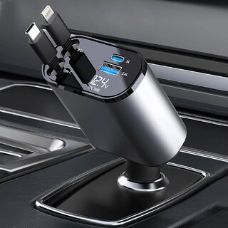 120W Fast Car Charger (2026 New Version) with 80CM Retractable Type-C & 30-pin Port Cables  Simultaneous Charging for 4 Devices  Universal Car Mobile Charger for All Smartphones & Tablets