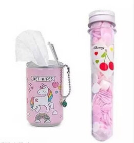 (Set of 1) Eclet 1 Can Mini Wet Wipes Tissue in Cartoon Printed Tin Can for Cleaning Face Body +1 Tube Paper Soap Sheets Dissolves Easily, Hygienic and Travel-Friendly a 90 gsm Canvas Paper (Multicolor)