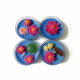 (Set of 4) Handcrafted Lotus Pond Tealight Candles, Blue and Pink, Soy Wax, Jumbo Size, Scented with Mix Fragrances, Contemporary Style, for Festival Decoration