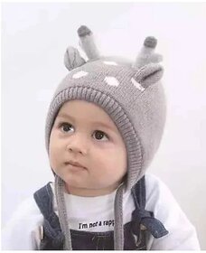 EvoNest Double Layered Woollen Cap for 6-12 Month Kids with Horn Design And Tie Knot | Winter Warm Hat Soft Knitted Hood Earflap Cap (Grey) Diameter 48 cm