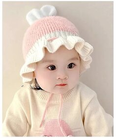 EvoNest Woollen Knit Colour Blocked & Ear Applique Detailed Cap for 6-12 Month Kids | Winter Warm Hat Soft Knitted Earflap Cap for Toddlers (Pink) Circumference 44-48 Cm