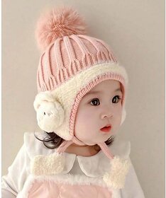 EvoNest Cartoon Ear Protection Self Knit Designed Cap for 12 to 24 Months Kids | Winter Warm Hat Soft Knitted Hood Earflap Cap for Toddlers (Pink)
