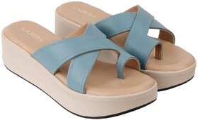 Lazera Platform Heel Sandals Solid Broad Strap Upper Pattern Open Back Slip On For Women Blue