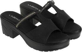 Lazera Platform Heels Sandals Embellished T-Strap Upper Pattern Open Back Mules For Women Black