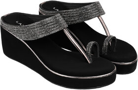 Lazera Black Wedge Sandals for Women Diamond T Strap Cushioned Footbed Rubber Sole