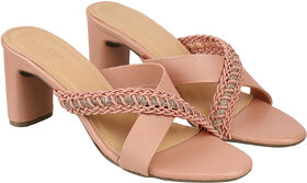 Lazera Rosegold Block Heel Sandals for Women Rhinestone Strap Open Toe Mules