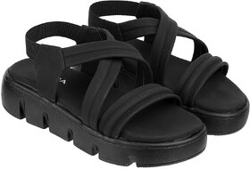 Lazera Black Platform Sandals for Women Padded Multi Strap PVC Sole Casual Wear