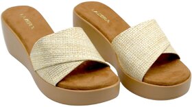 Lazera Beige Wedge Sandals for Women Cross Strap Slip On Comfort Slides