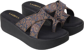 Lazera Black Wedge Heel Sandals for Women Brocade Toe Loop Platform Style
