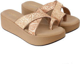Lazera Gold Wedge Heel Sandals for Women Brocade Toe Loop Platform Style