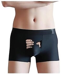 Men's Black Boxer Briefs, Nylon, Funny Hand Print, Ultra Soft Knit, Hipster Style