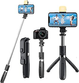 (Pack 0f 1) R1s Latest Bluetooth Selfie Sticks with Remote and Selfie Light, 3-in-1 Multifunctional Selfie Stick Tripod Stand Mobile Stand Compatible with All Phones (Black)