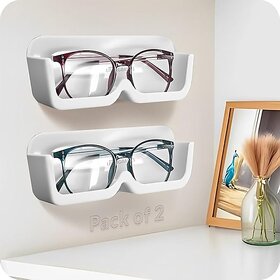 (Pack of 2) Wall-Mounted Display Case with Adhesive, No-Drill Specs Holder, White Plastic Stand