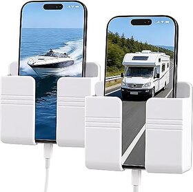 (Pack of 2) Premium Multi-Functional Wall Mobile Phone Holder | Sticky Stand for Charging & Storage | Self-Adhesive Wall Phone Holder with Hook | Bedroom, Office & Other (White & Black)_PLAY-TAG-687