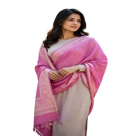 Elegant Women's Pink Shawl with Golden Motifs and Tassels