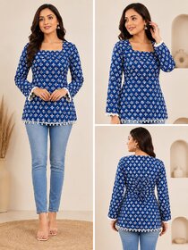 Women Cotton Printed Kurti with Long Sleeves  Stylish Blue Designer Kurti for Women  Girls  Casual  Daily Wear Kurti