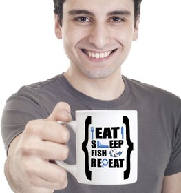 Fishing Coffee tea Mug  Eat Sleep Fish Repeat, BASS FLY Angler's Hook Salmon Trout Mug