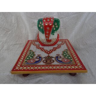 FRESHINGS - Painted Lord Ganesh with Chowki in White Marble in big 6 x 6 size