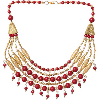 Minha Gold Plated Red & Gold Alloy Necklace Set For Women