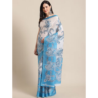 Svb Sarees Blue Taffeta Block Print Art Silk Saree Without Blouse